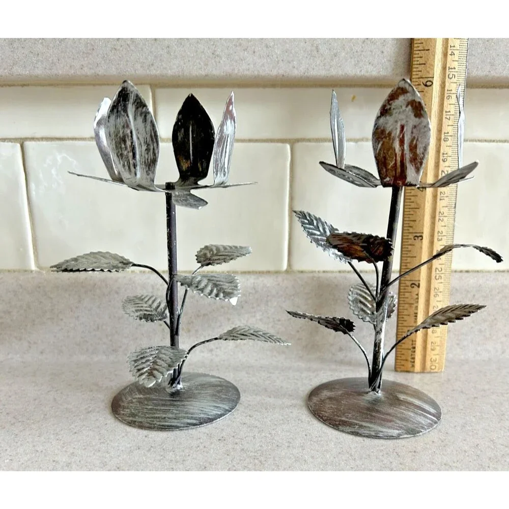 Black Metal Flower Tealight Holder 5.5” Tall Hong Kong Lot Of 2 Vintage